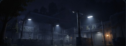 Dark, mysterious industrial facility illuminated by overhead lights