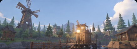 Sunlit village and windmill in a colorful outdoor Roblox world