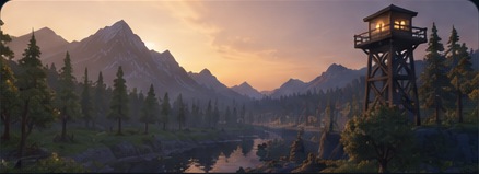 Mountain river and forest at sunset with a wooden lookout tower